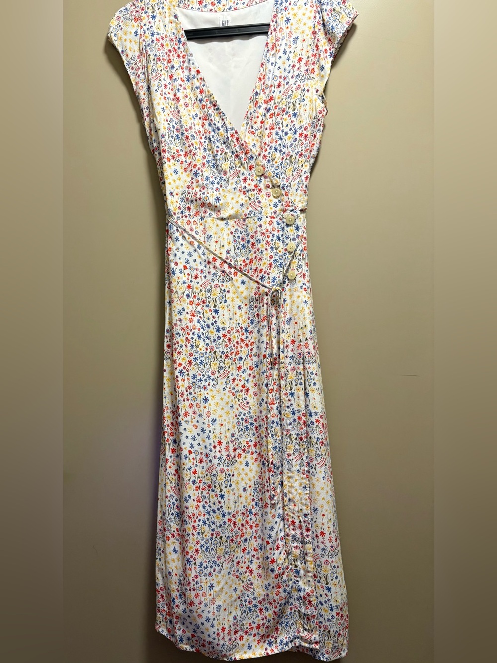 GAP White Floral Wrap Midi Dress with Red, Blue & Yellow Print